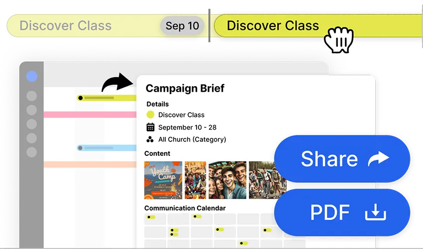 Campaign view showing a sermon series launch planned across channels
